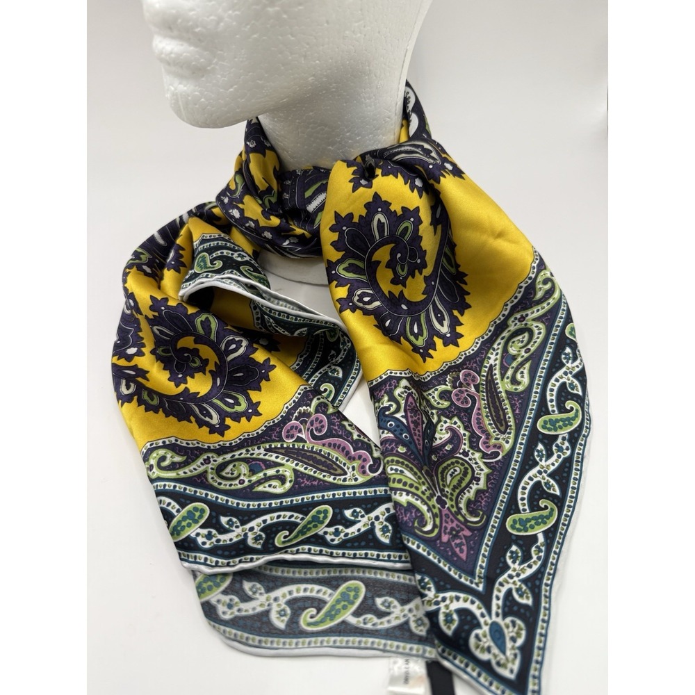 Talbots Silk Scarf Bold Paisley Yellow Blue Black‎ Satin Square 31" Hand Rolled